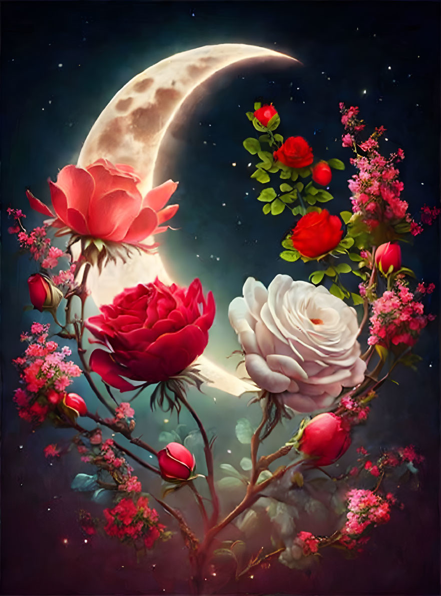 Whimsical crescent moon with vibrant flowers on starry night sky