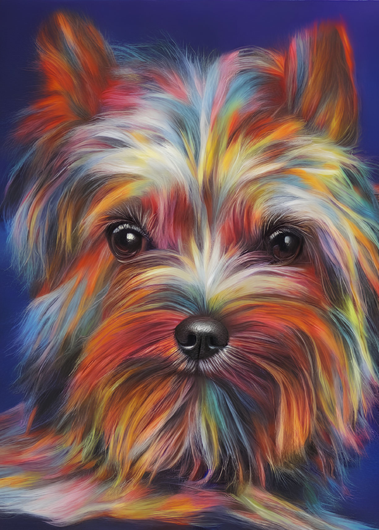 Colorful Yorkshire Terrier portrait with blue, orange, and pink fur coat on blue backdrop