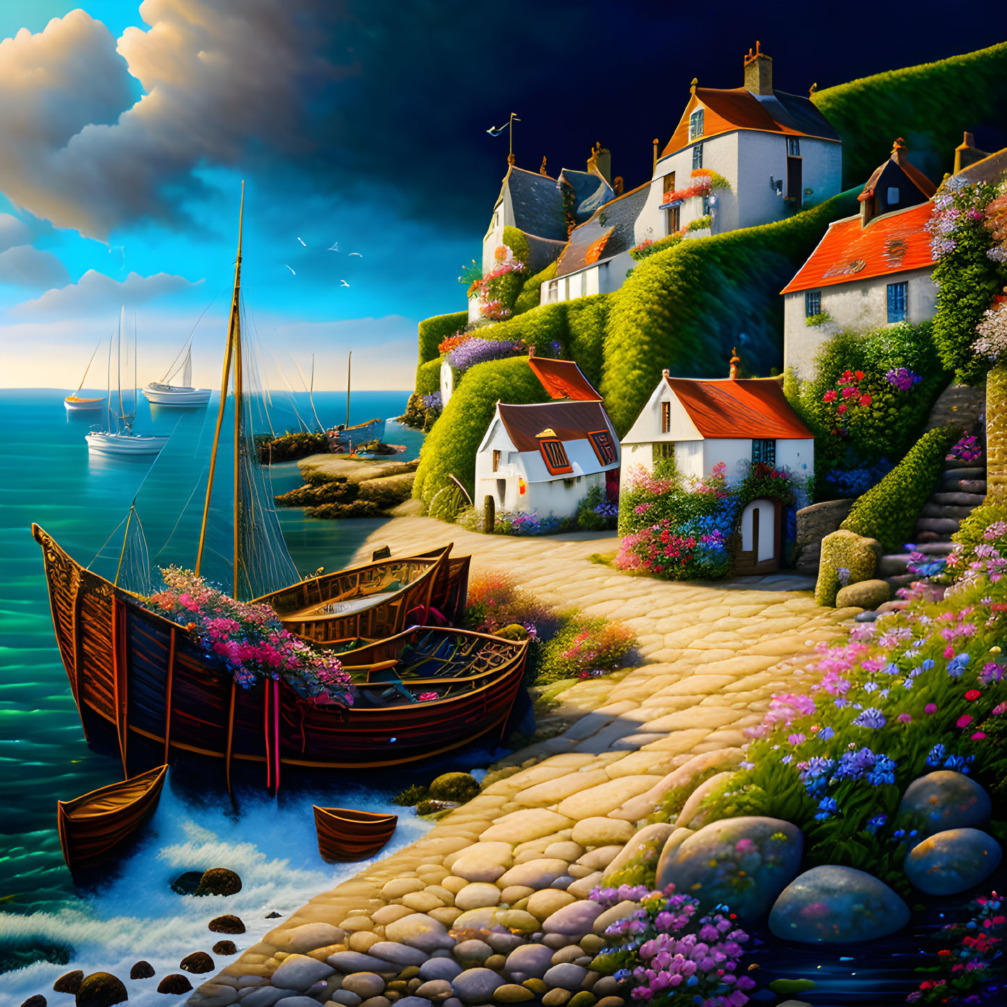 Picturesque Seaside Village with Colorful Cottages and Cobblestone Paths