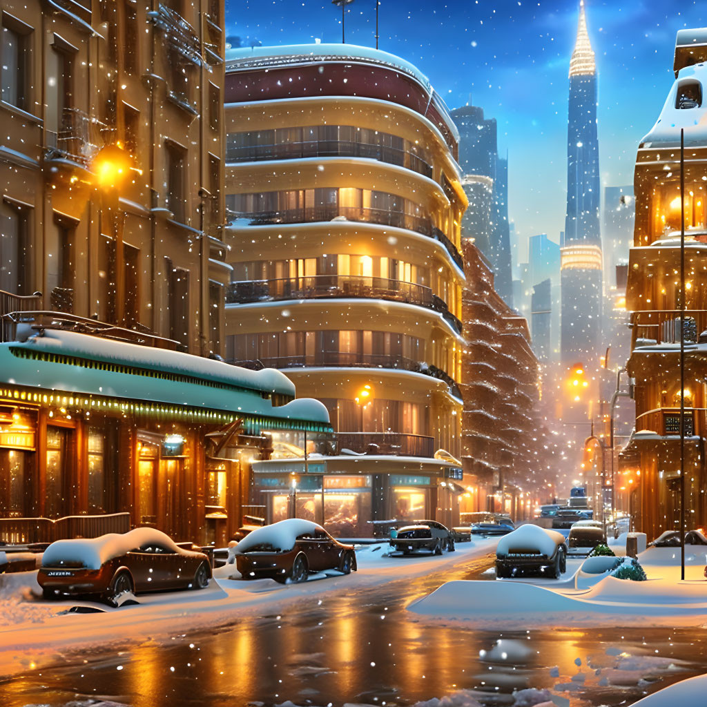 Snow-covered city street at dusk with illuminated buildings and parked cars under snow.