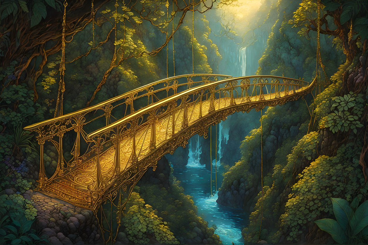 Golden Bridge Over Forest Gorge with Waterfalls and Sunlight