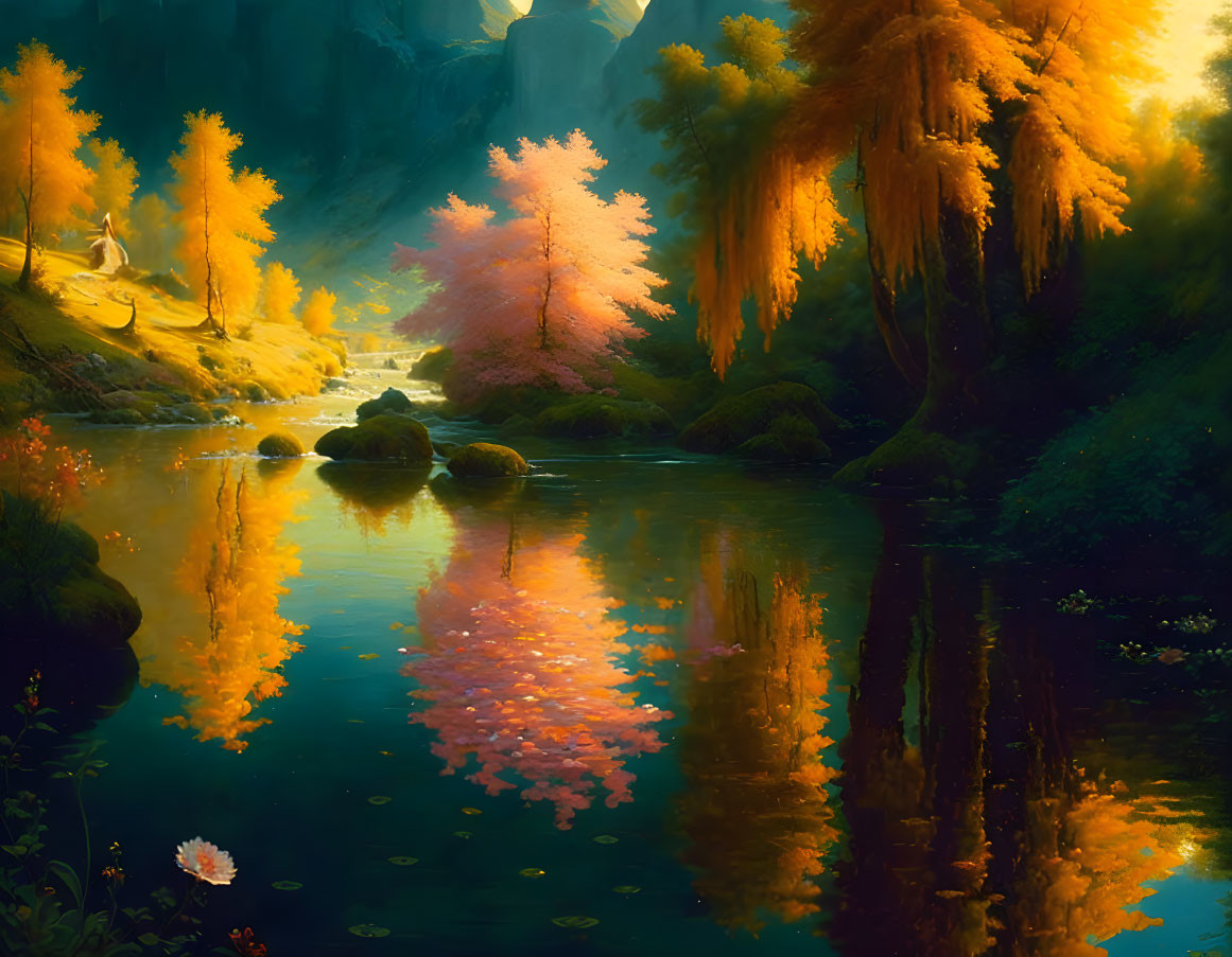 Golden Trees Reflecting in Calm River Amid Tranquil Autumn Forest