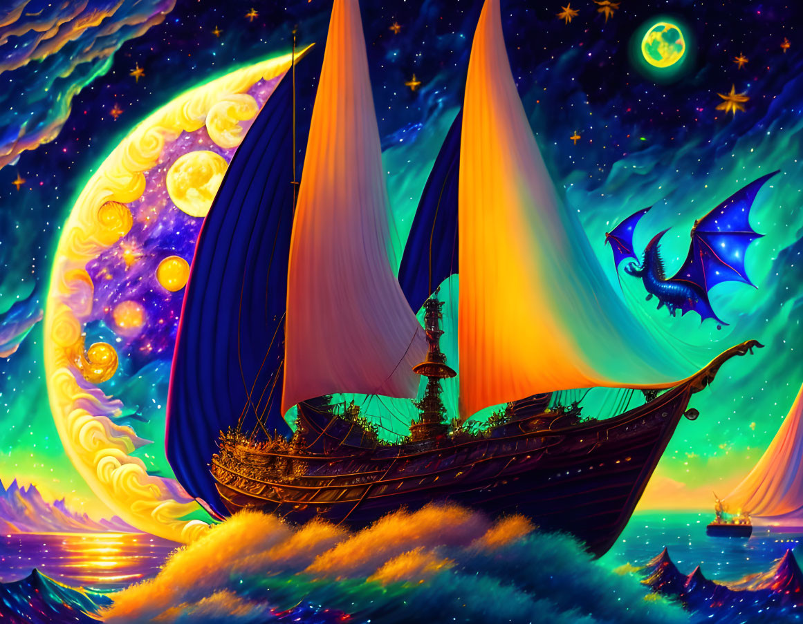 Colorful fantasy artwork: sailing ship on wavy ocean, whimsical starry sky, moons,