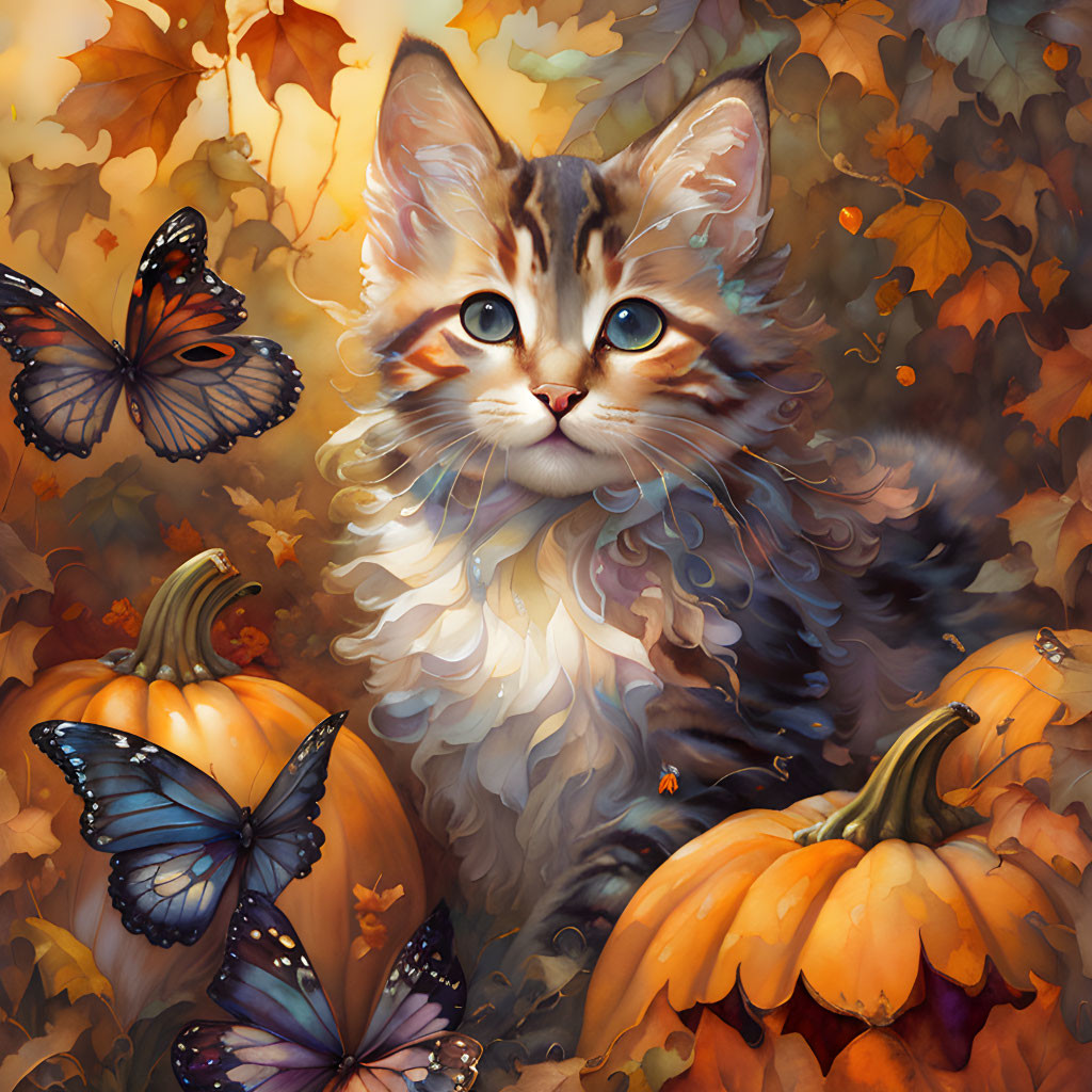 Whimsical illustration of fluffy tabby kitten with pumpkins, butterflies, and autumn leaves