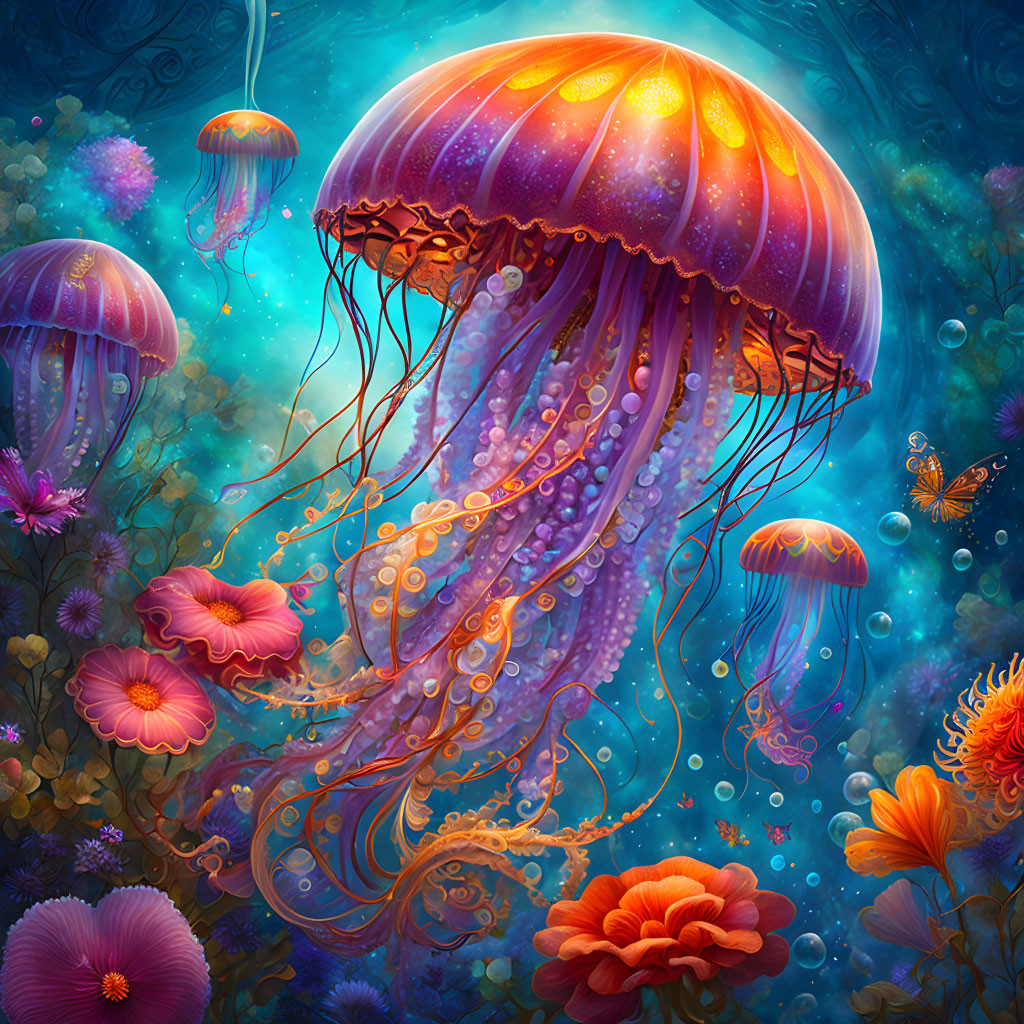 Colorful jellyfish illustration in intricate underwater scene