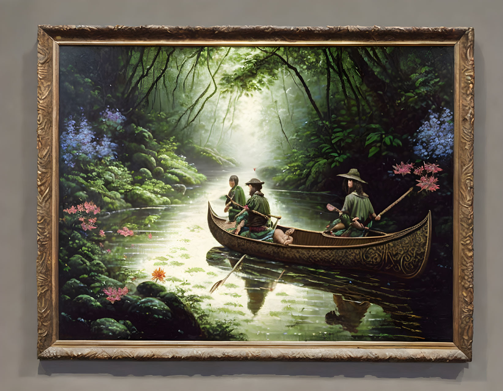 Tranquil painting of three people in a canoe in a sunlit forest creek