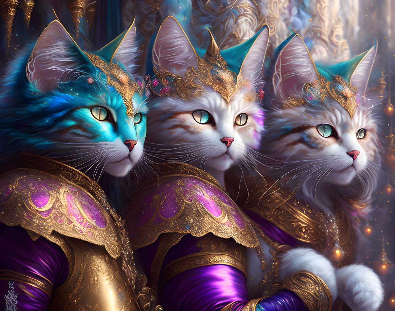 Regal cats with blue eyes in golden crowns and royal purple attire