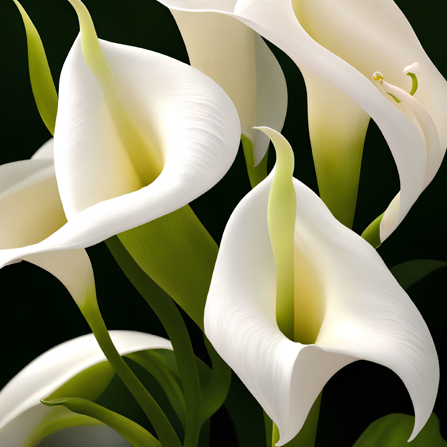 Close-up White Calla Lilies with Smooth Petals on Dark Background