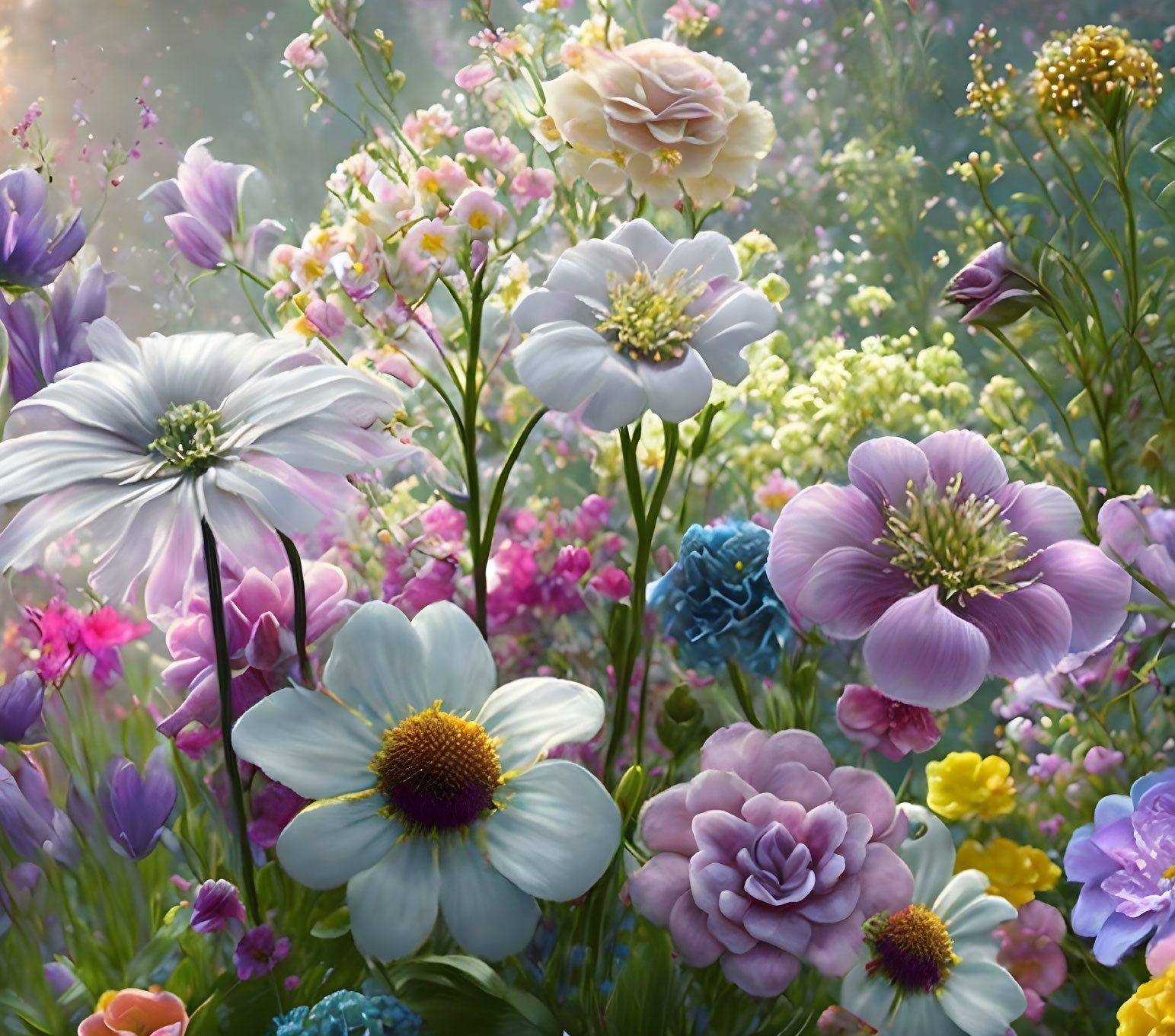 Colorful Garden Scene with White, Pink, and Blue Flowers