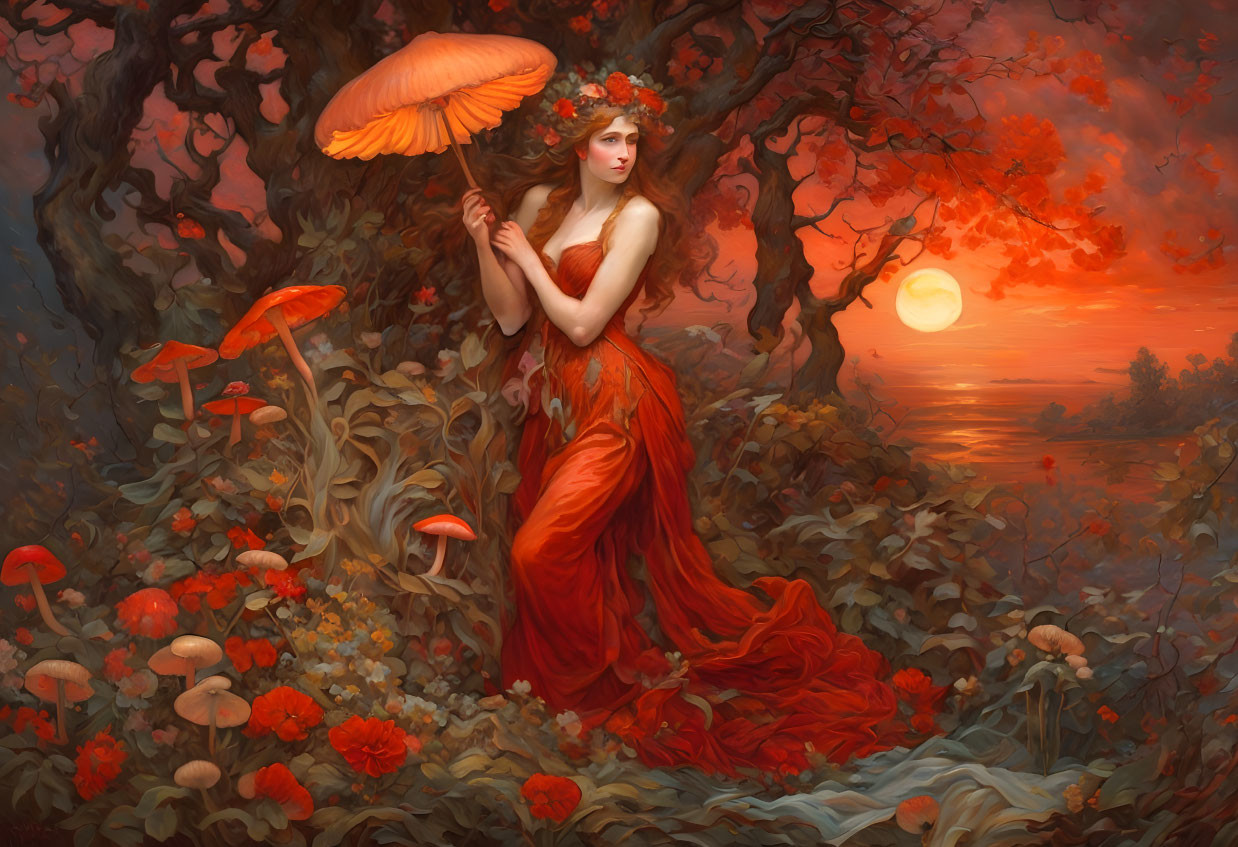 Woman in orange dress in fantasy landscape with mushrooms, tree, and sunset