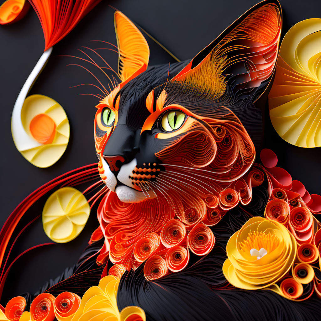 Colorful Paper Art Cat with Orange, Yellow, and Black Patterns