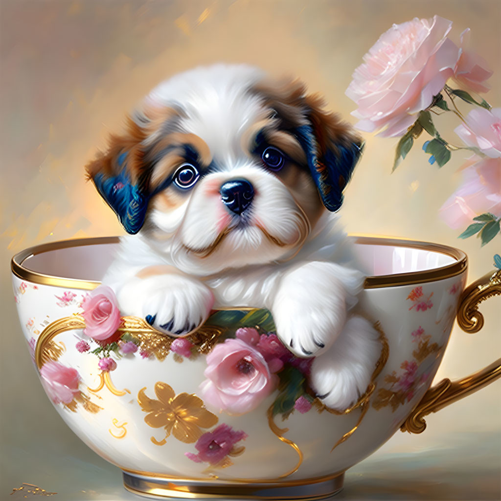 Fluffy puppy with blue eyes in ornate teacup with pink flowers and gold accents