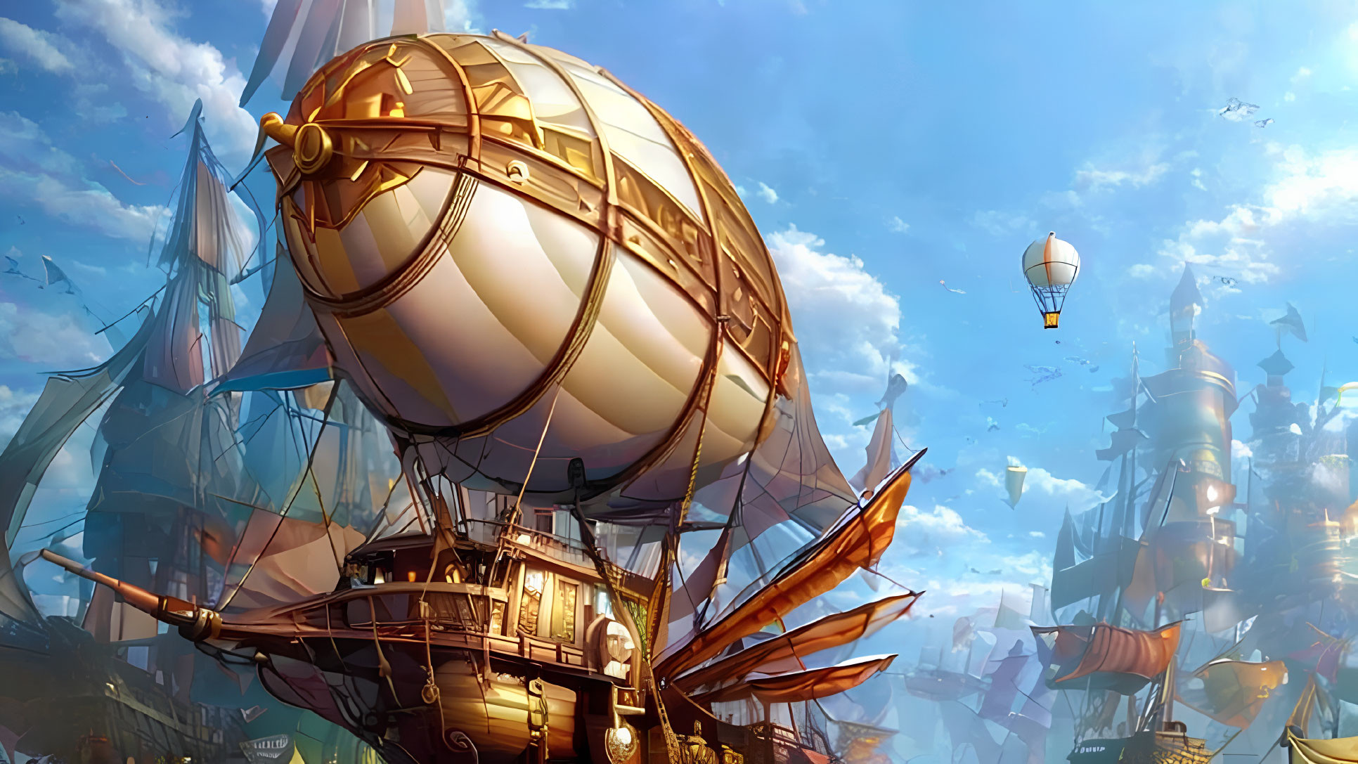 Fantasy steampunk airships with balloons in vibrant sky