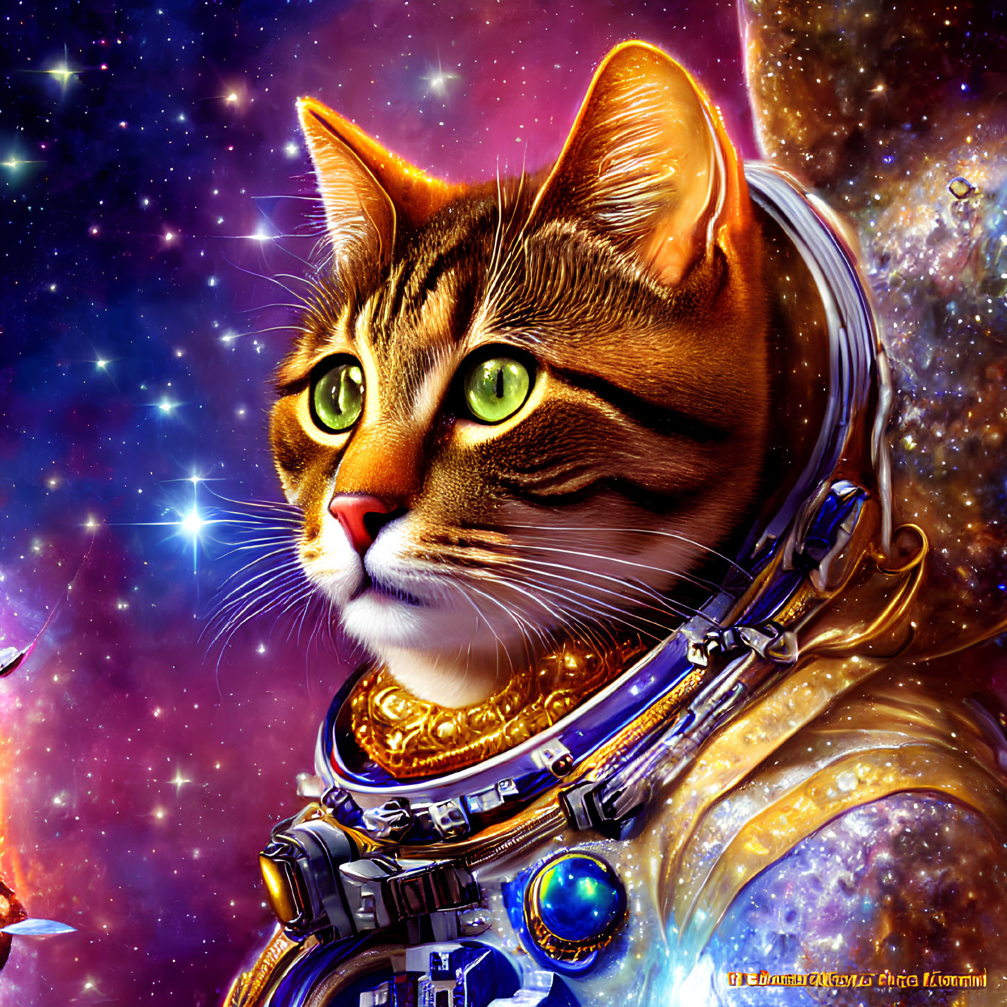 Cat in Space Helmet on Cosmic Background with Stars and Nebulae