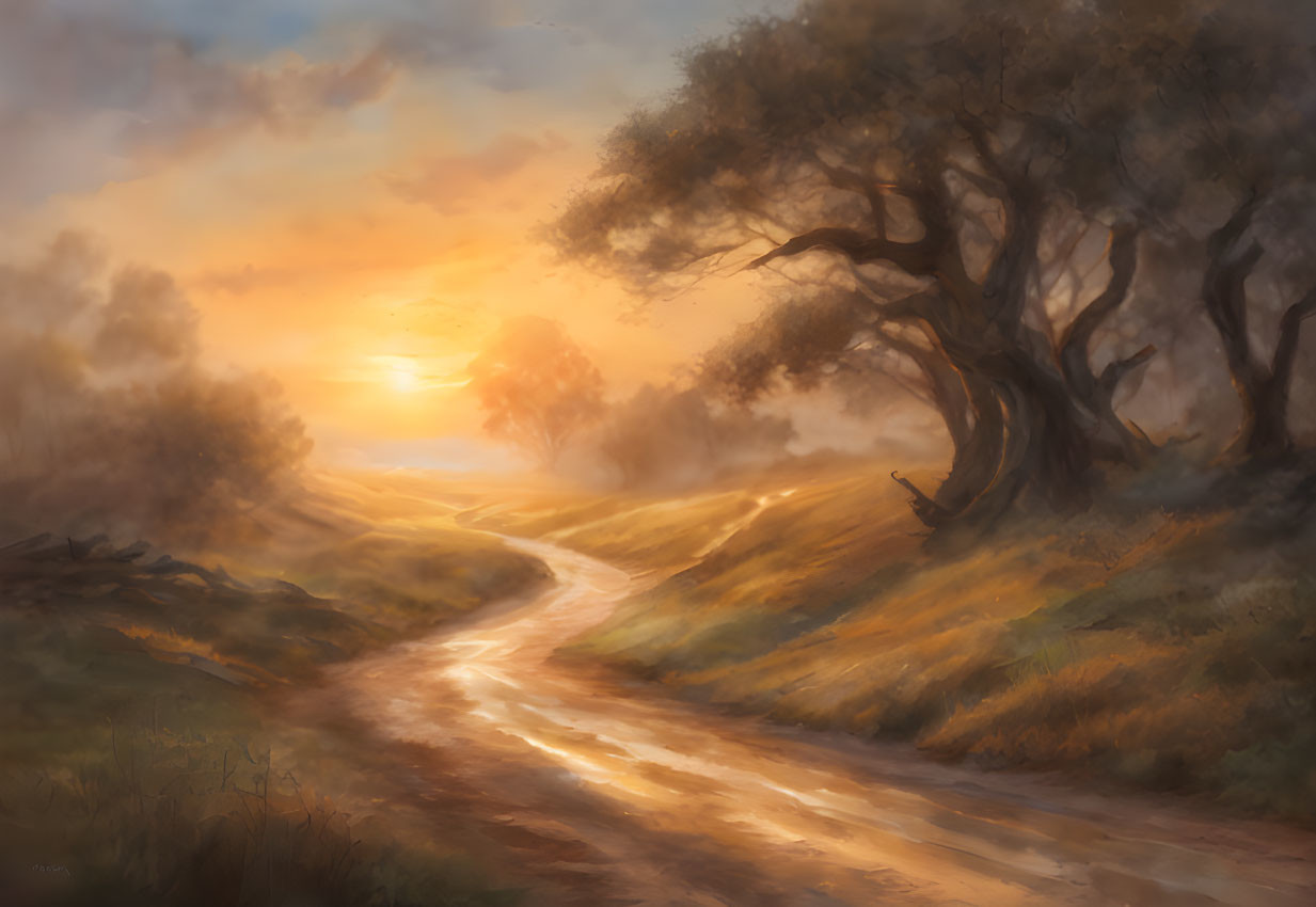 Tranquil landscape with winding path through sunlit fields and trees