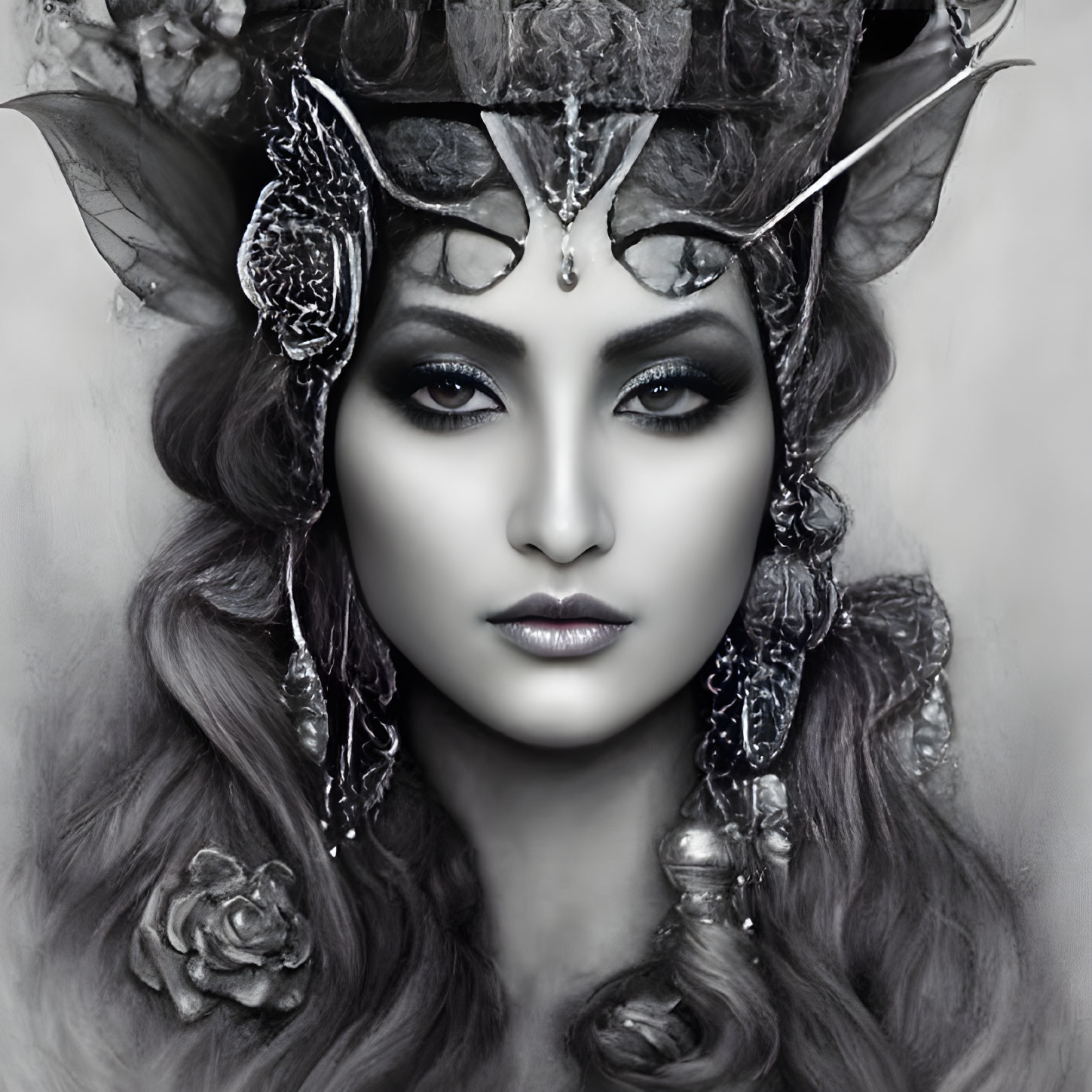 Monochrome image: Woman with gothic headpiece & striking makeup