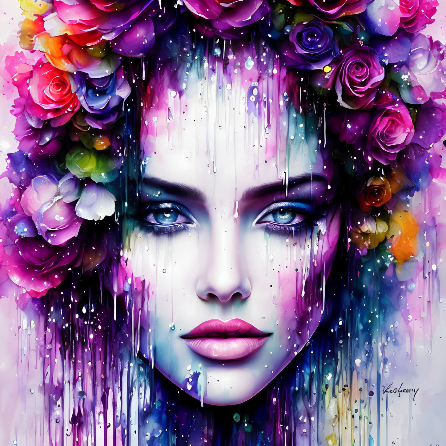 Colorful digital portrait of a woman with blue eyes and floral hair decor.