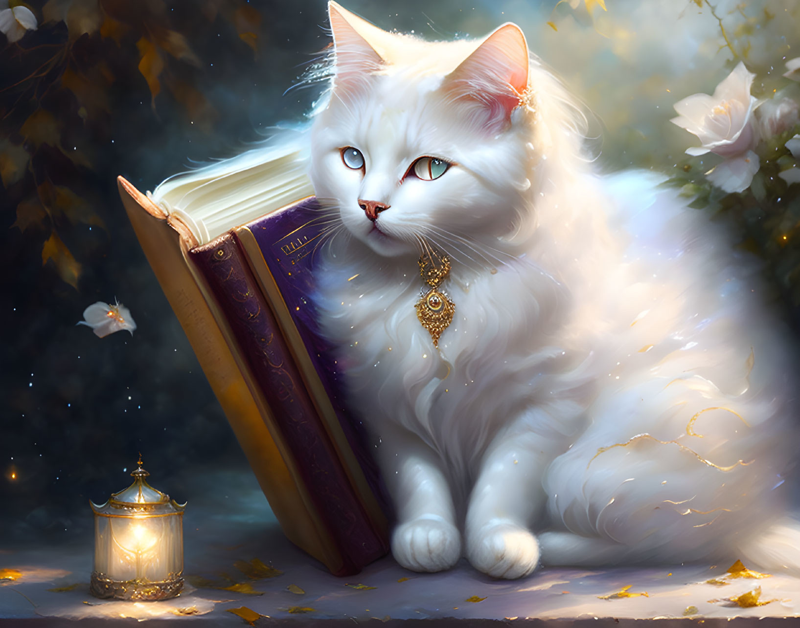 White Cat with Golden Jewelry Beside Open Book in Mystical Forest