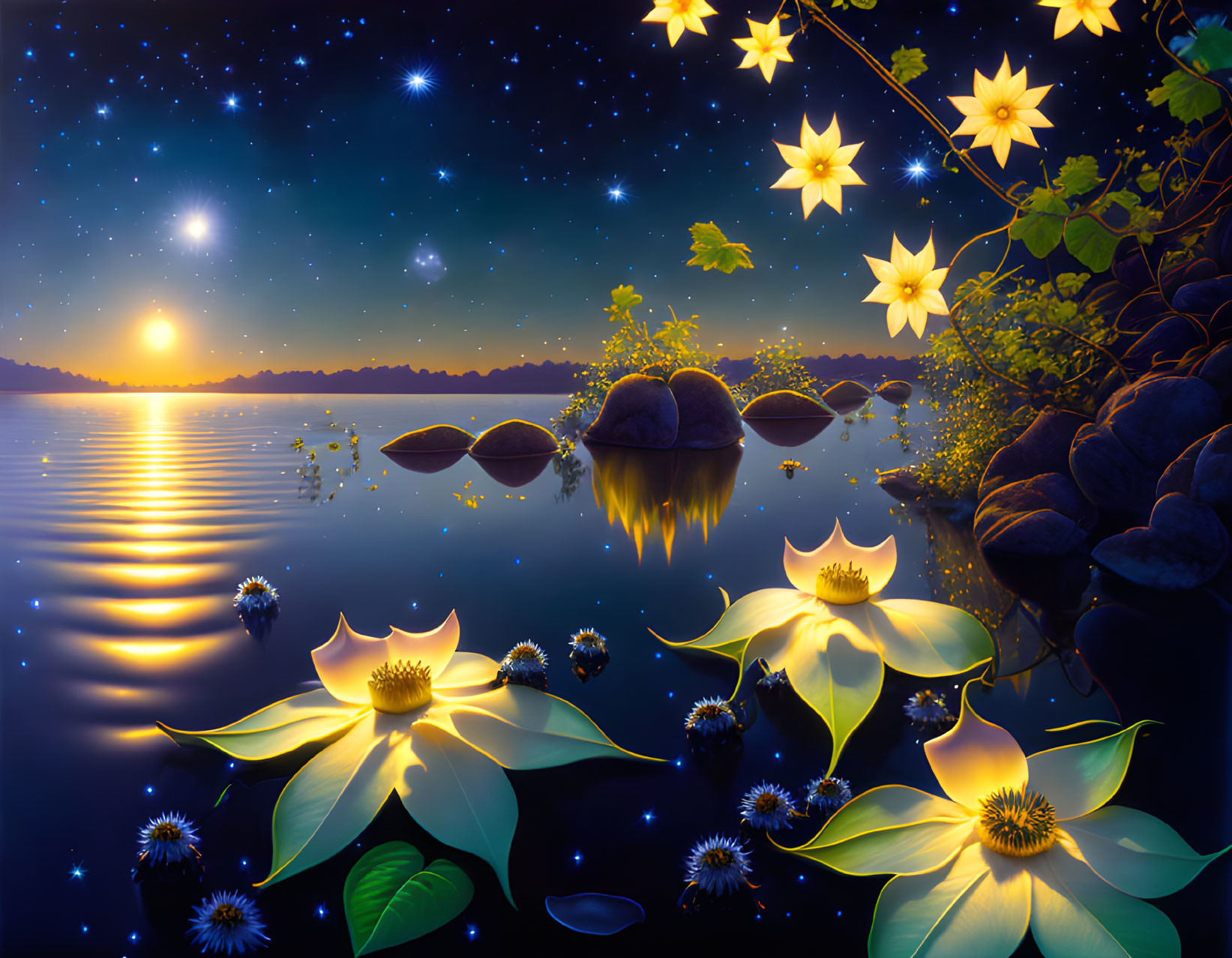 Tranquil night scene: Lotus flowers on calm lake under starry sky