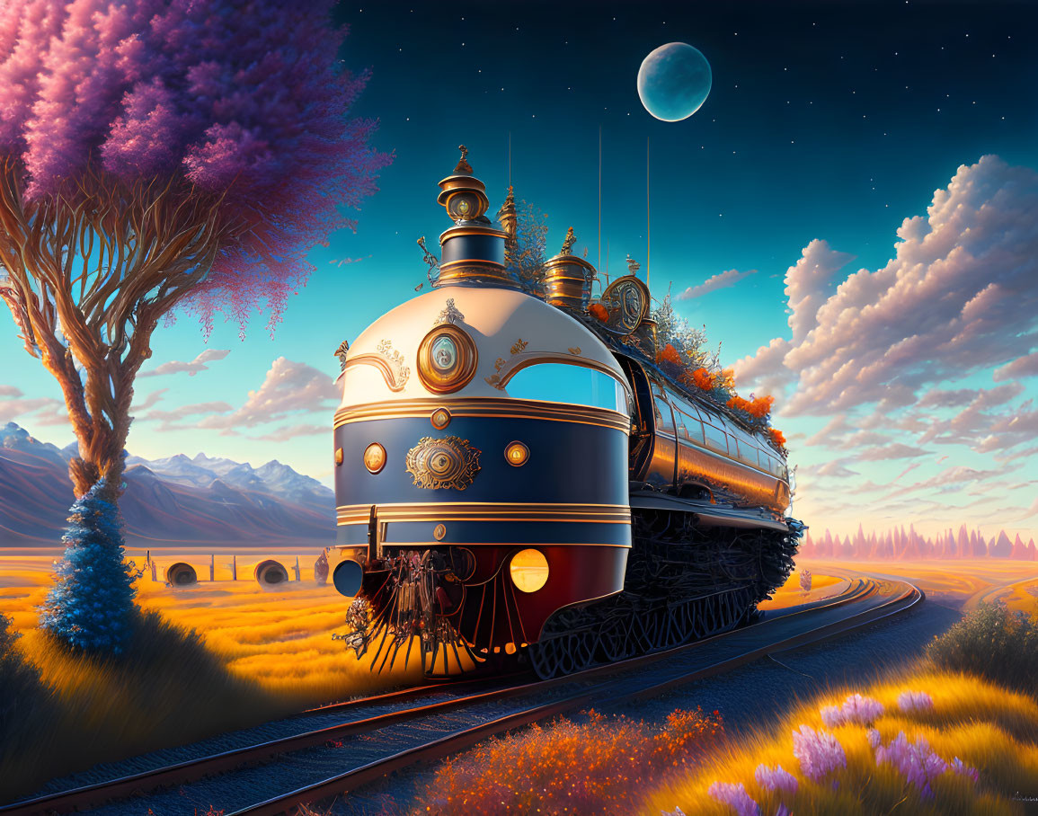 Intricate Golden Steam Train in Colorful Landscape