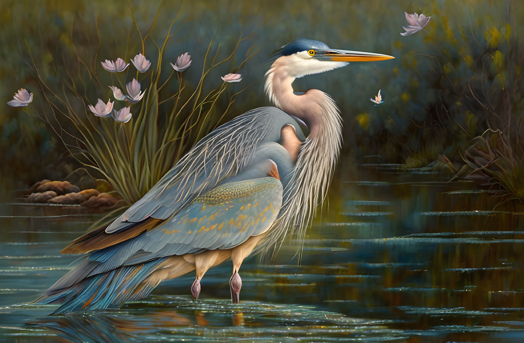 Great Blue Heron Standing Among Lily Pads and Flowers