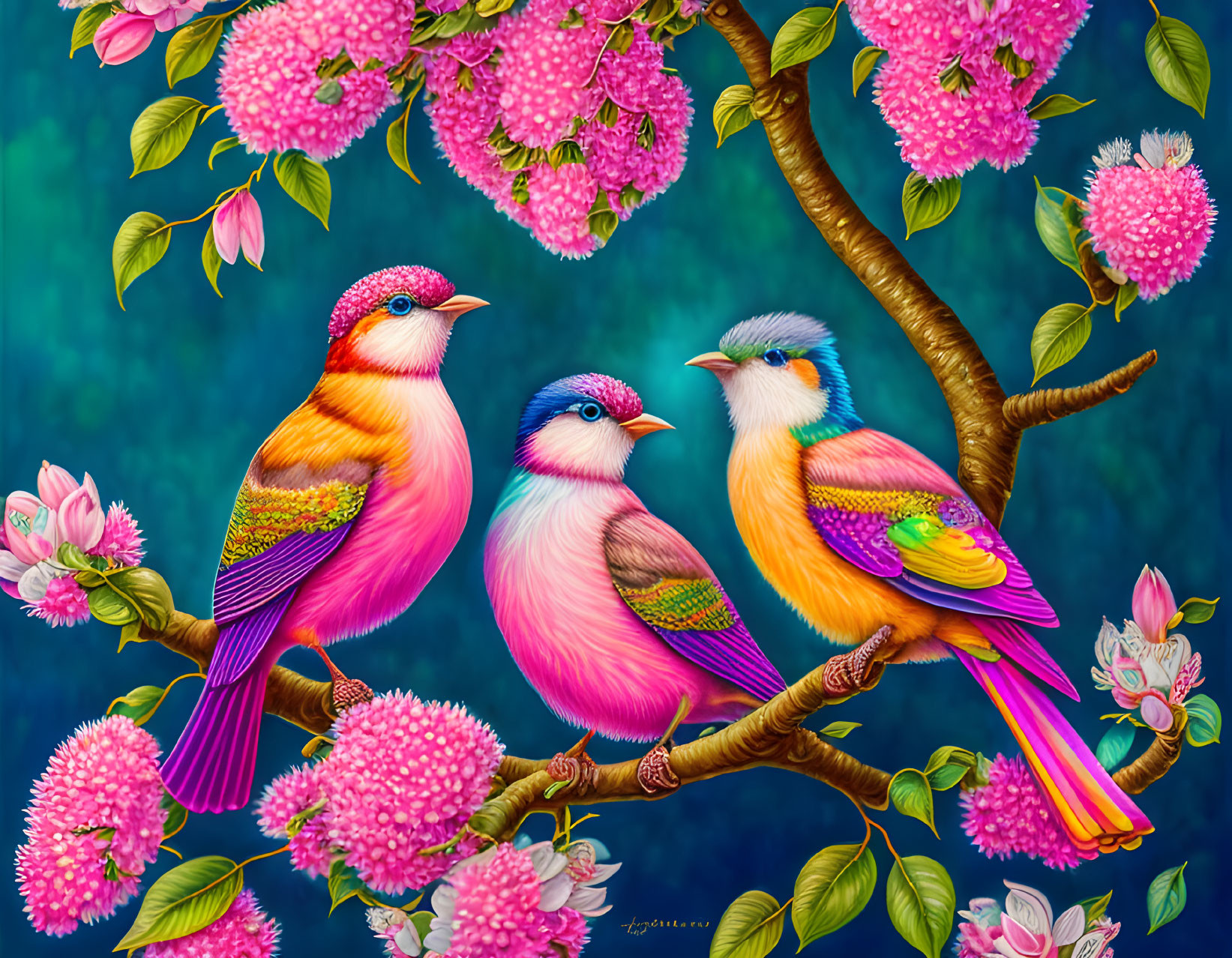 Colorful Birds Perched on Branch with Pink Flowers on Teal Background