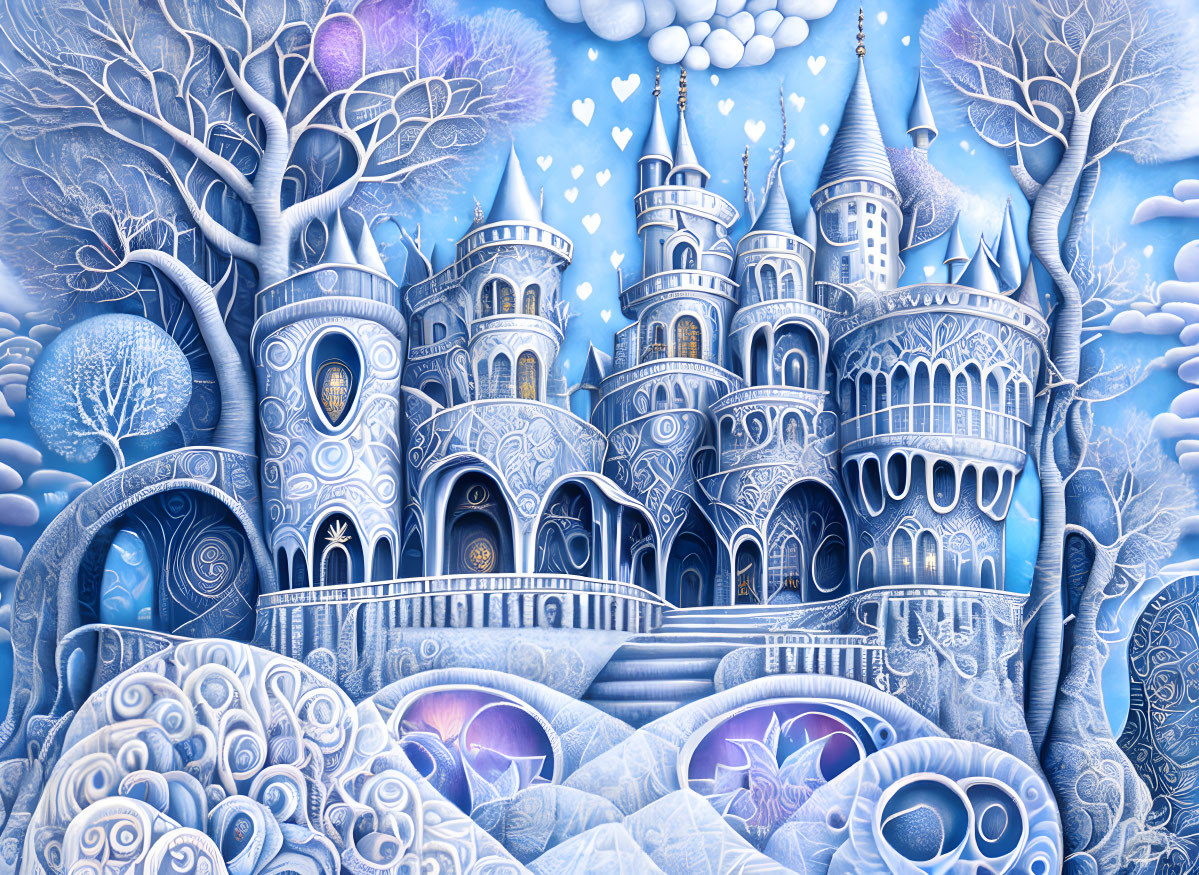 Detailed monochromatic blue castle illustration with trees and balloons