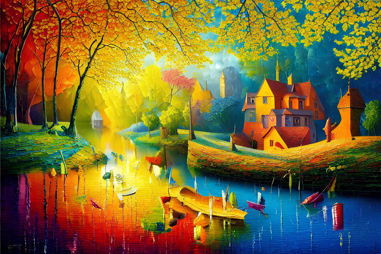 Colorful Painting: Riverside Scene with Golden Trees, House, Boats, and Swans