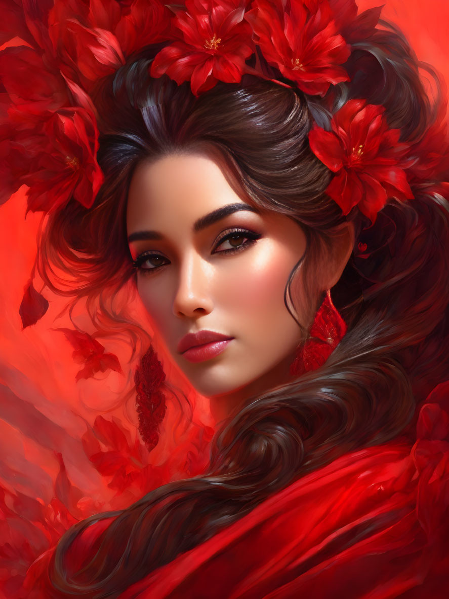 Serene woman with red flowers and flowing hair.