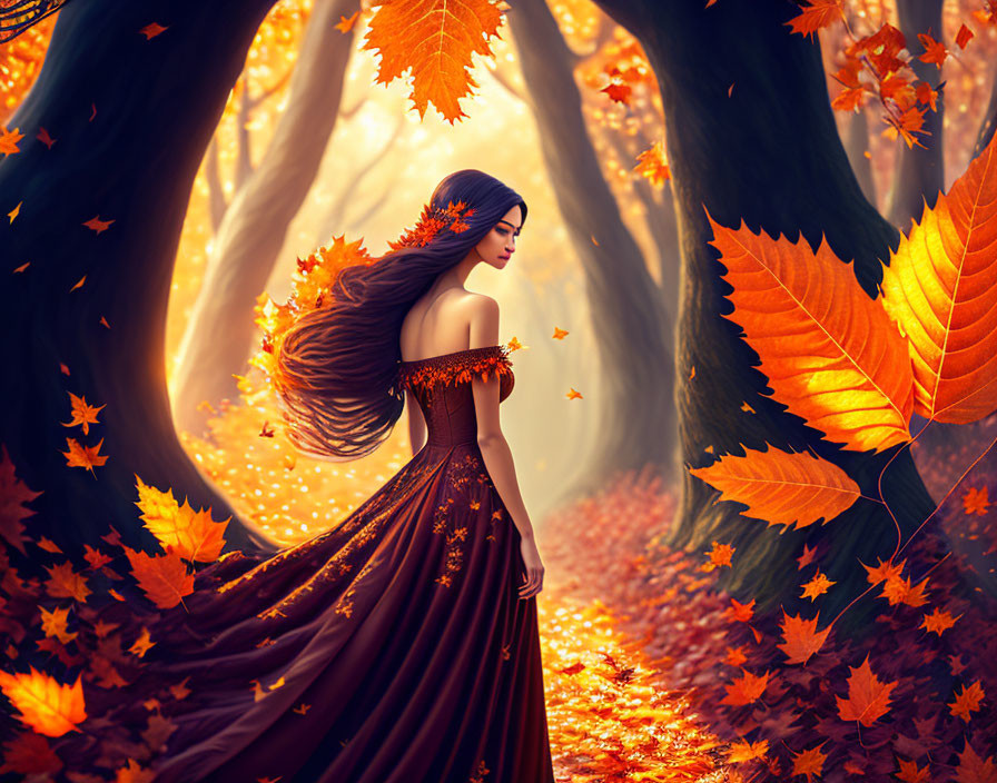 Woman in flowing brown dress in vibrant autumn forest with falling leaves