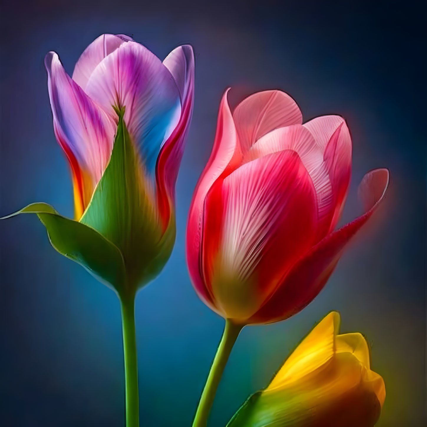 Colorful Tulips on Gradient Background: Purple, Pink, Red, Yellow