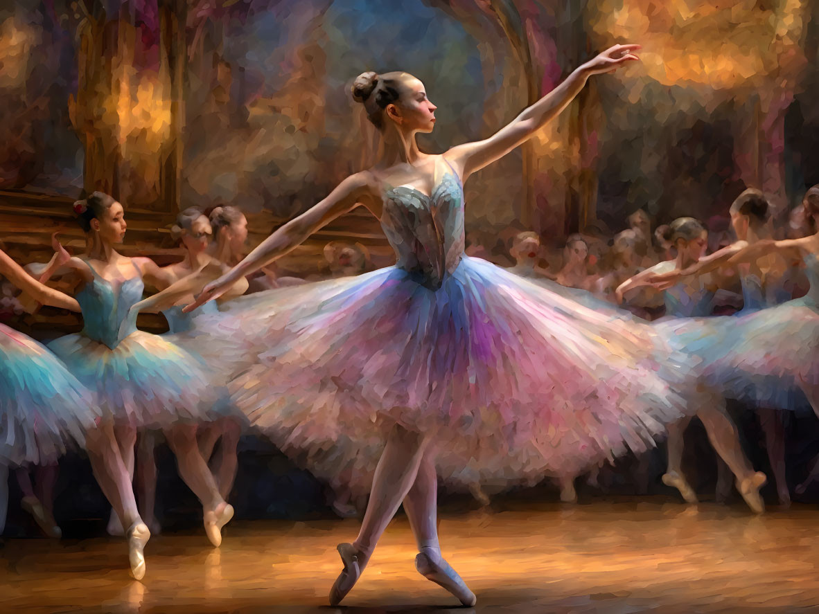 Graceful ballerina in pastel tutu en pointe on stage with dancers in background