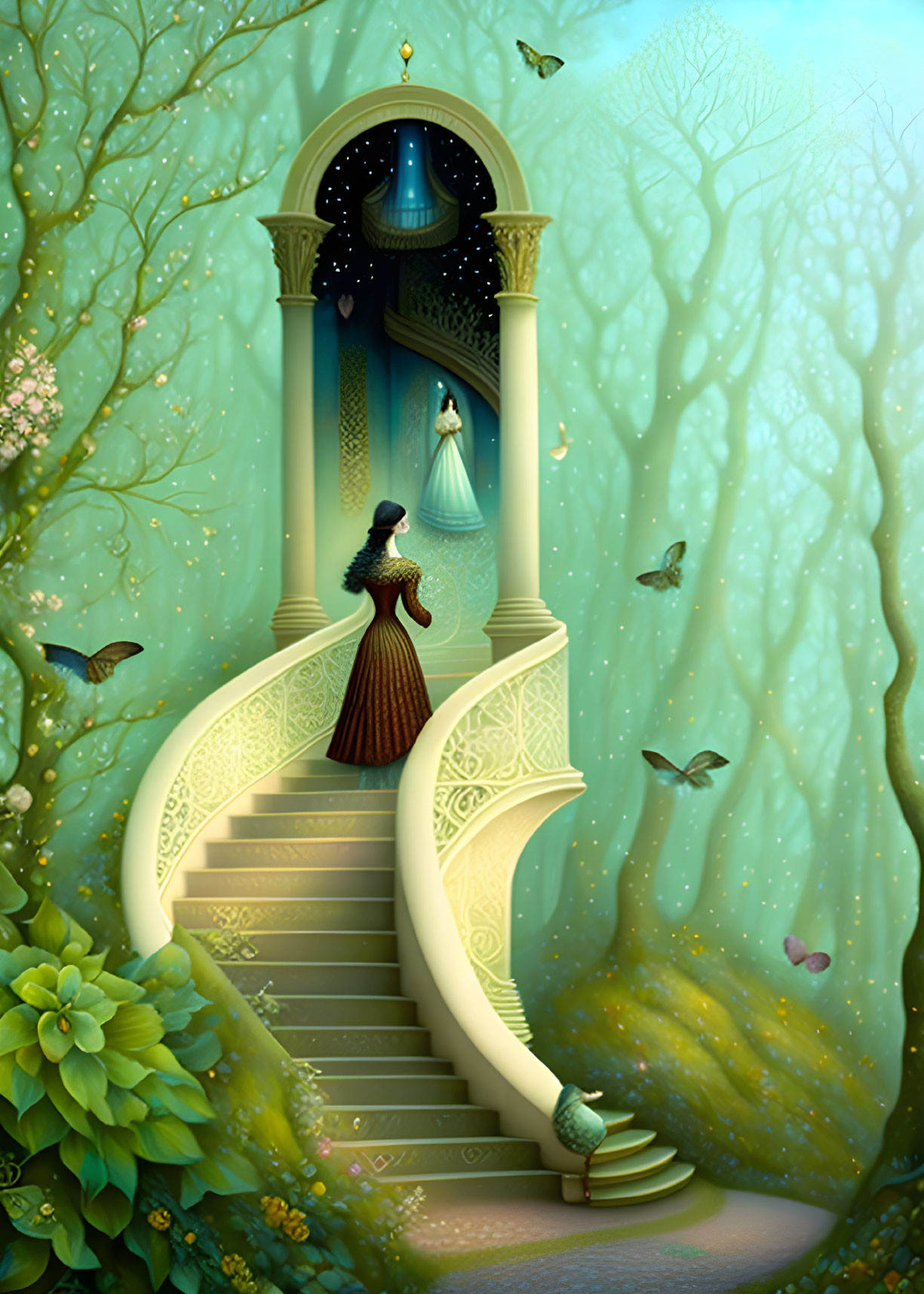 Woman in long dress on fantastical staircase with lantern in dreamlike forest