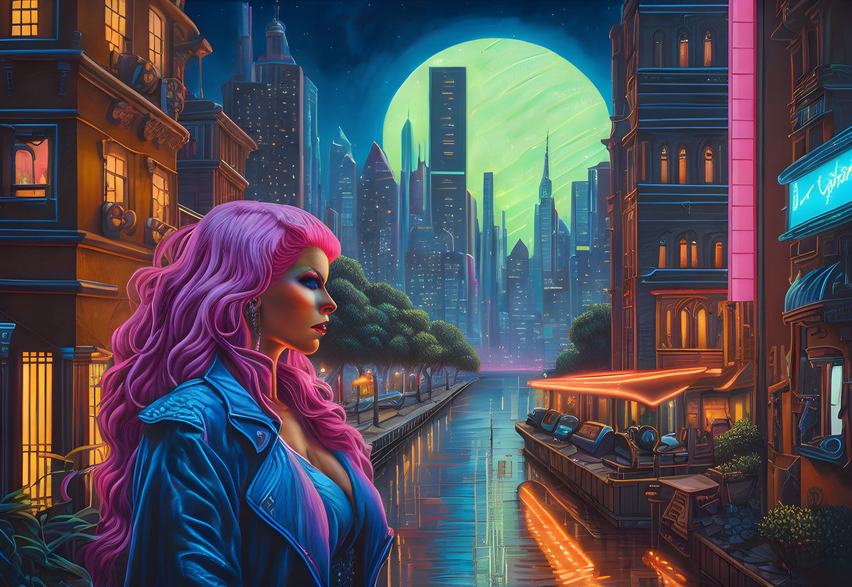 Pink-haired woman admires neon-lit futuristic cityscape with moon and canal.