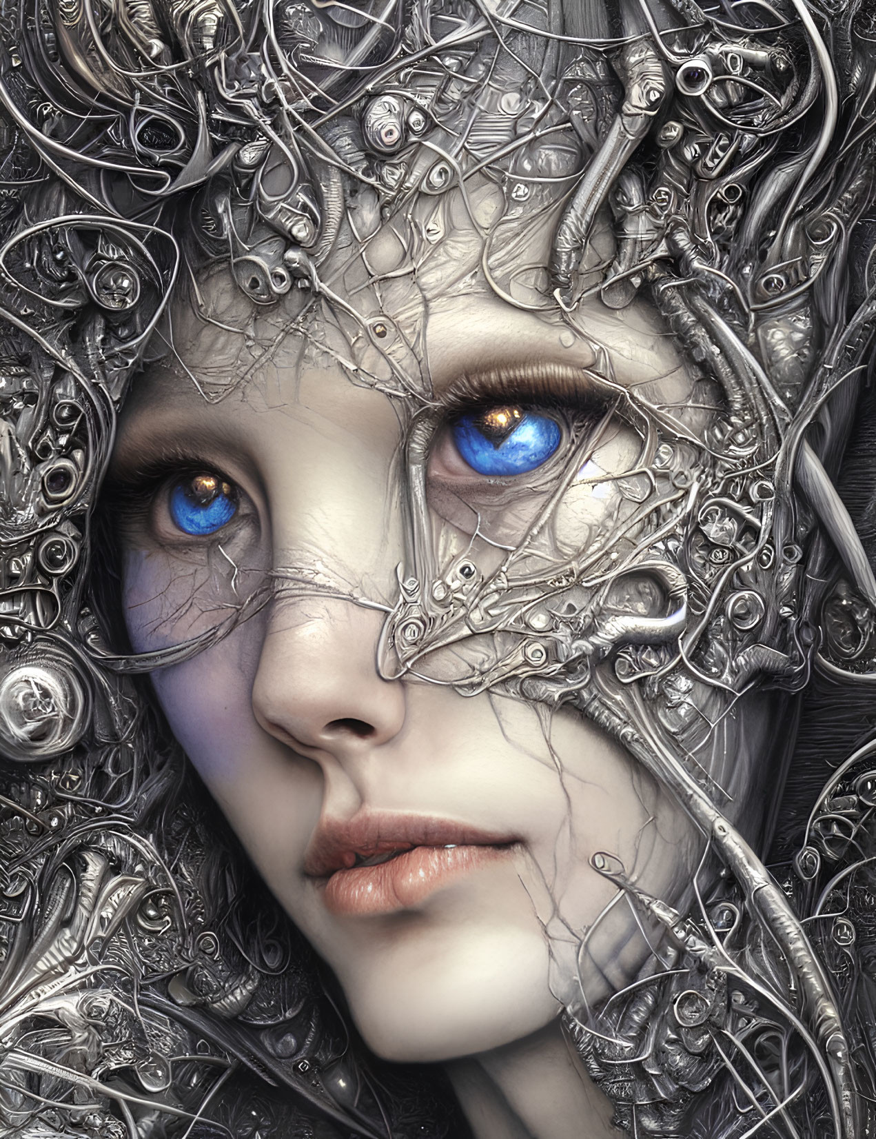 Detailed Close-Up of Surreal Humanoid Face with Metallic Patterns and Blue Eyes