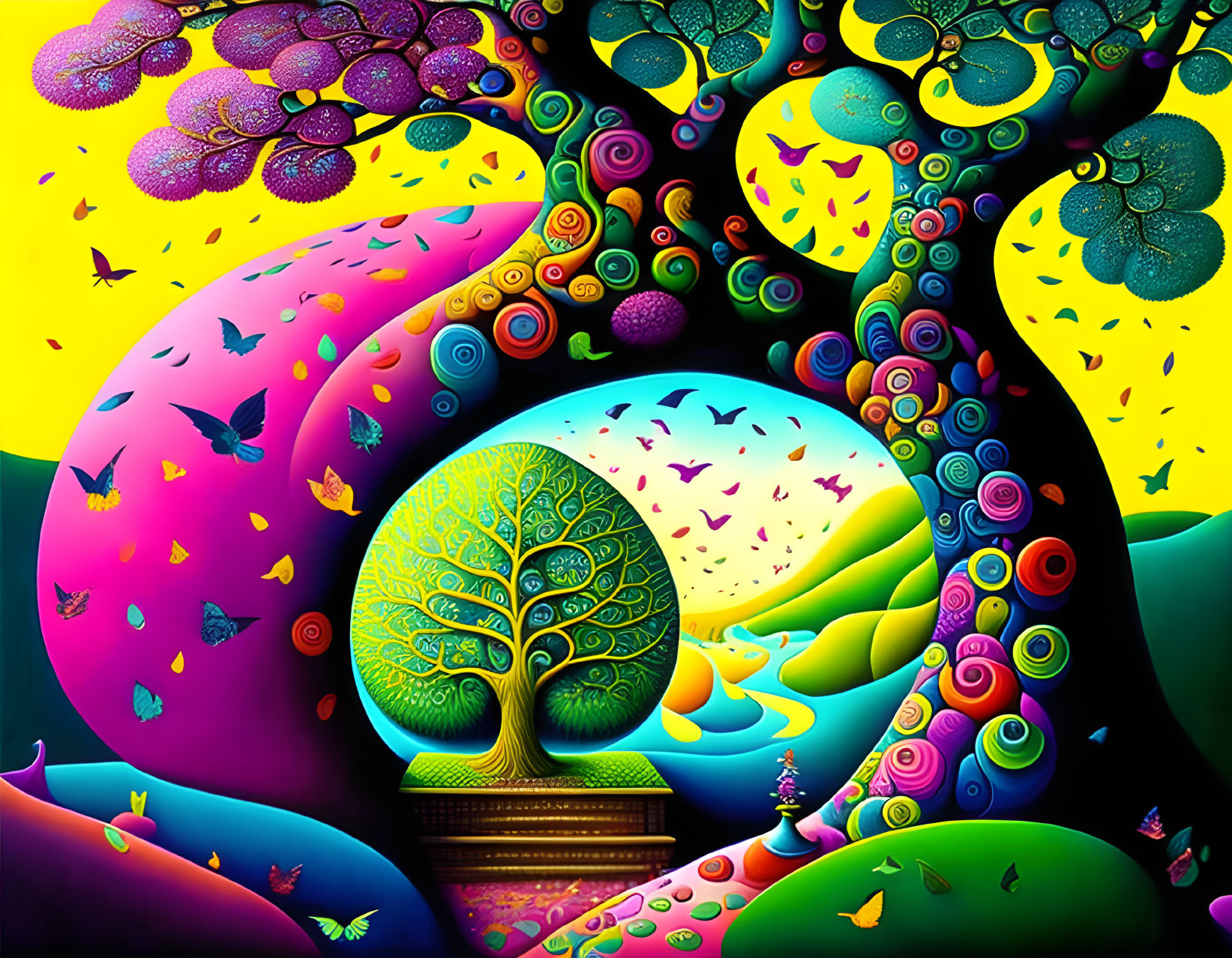 Colorful Tree and Swirling Hills in Psychedelic Landscape