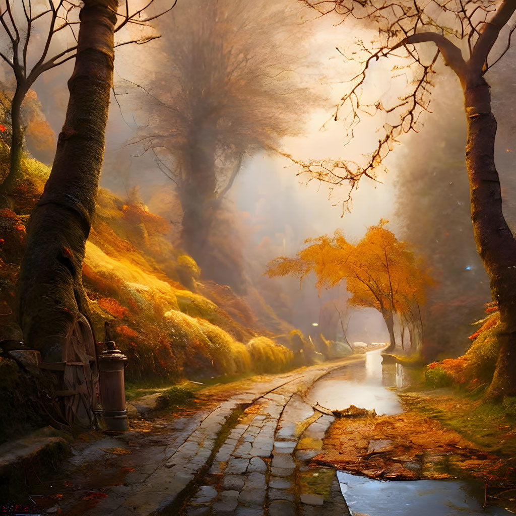 Tranquil Autumn Forest Scene with Cobblestone Path and Wooden Cart