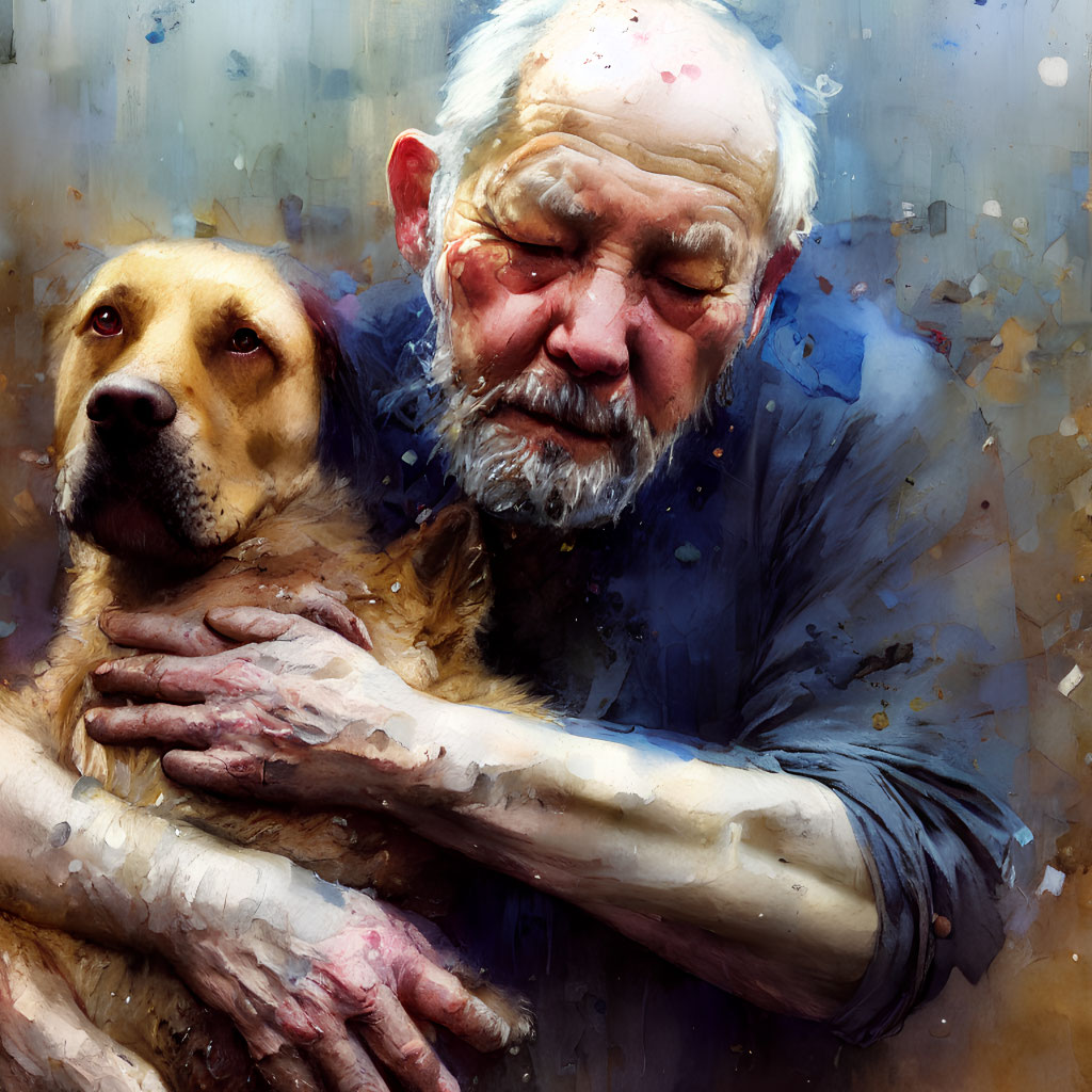 Elderly man embracing loyal dog with eyes closed