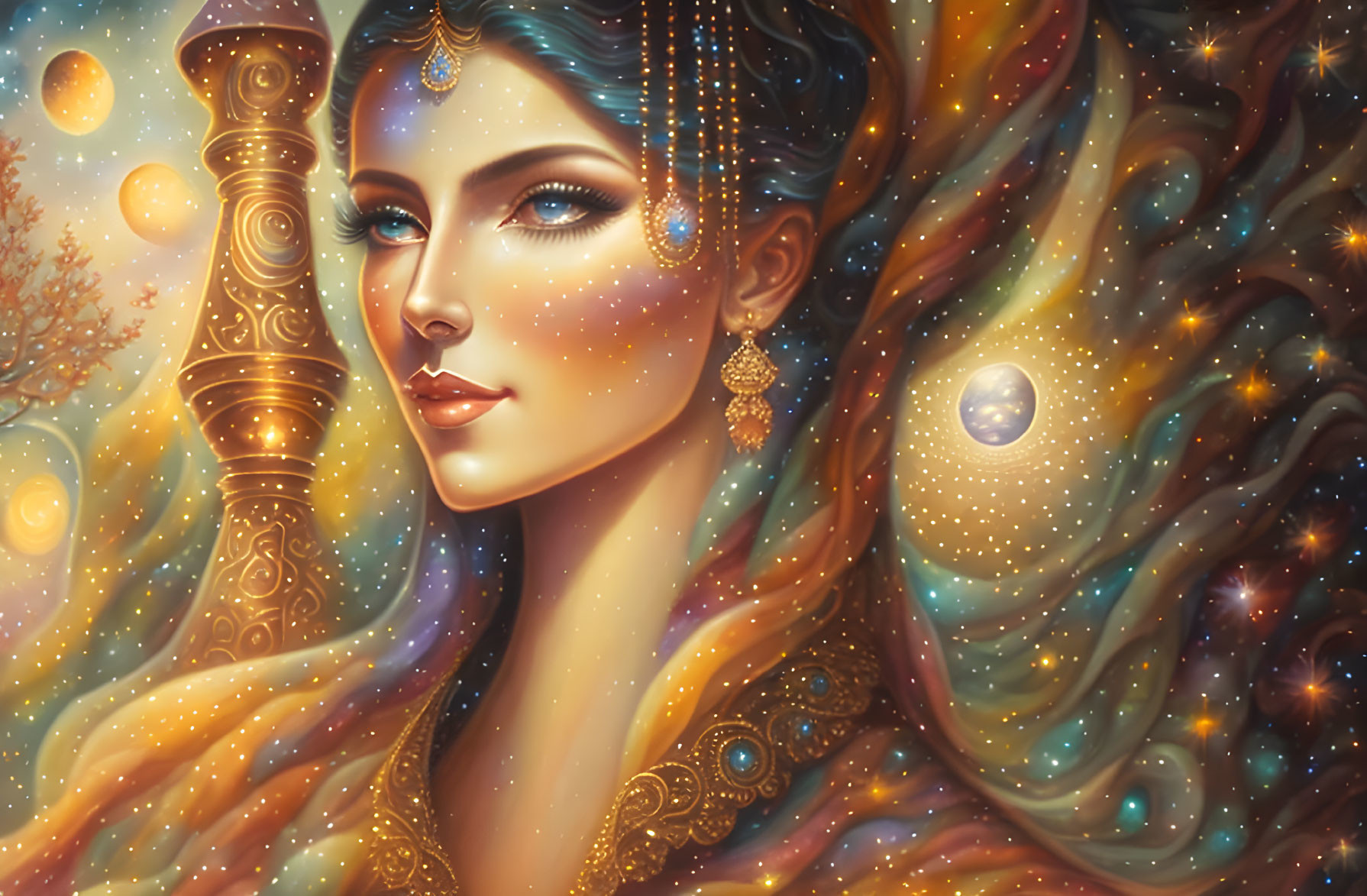 Vibrant cosmic portrait with intricate jewelry and celestial background