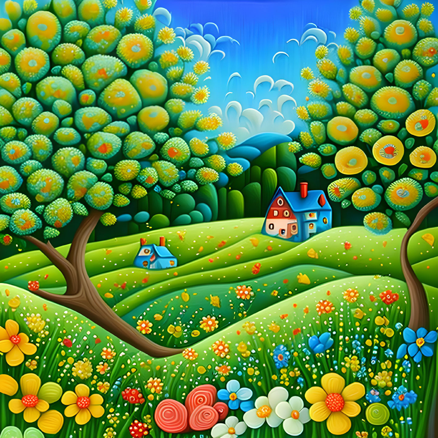 Colorful landscape with rolling hills, cottage, and whimsical trees under a blue sky