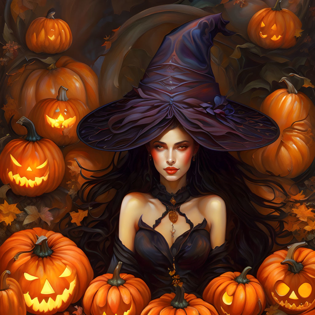 Digital Artwork: Witch with Red Eyes & Purple Hat Among Jack-o'-lanterns