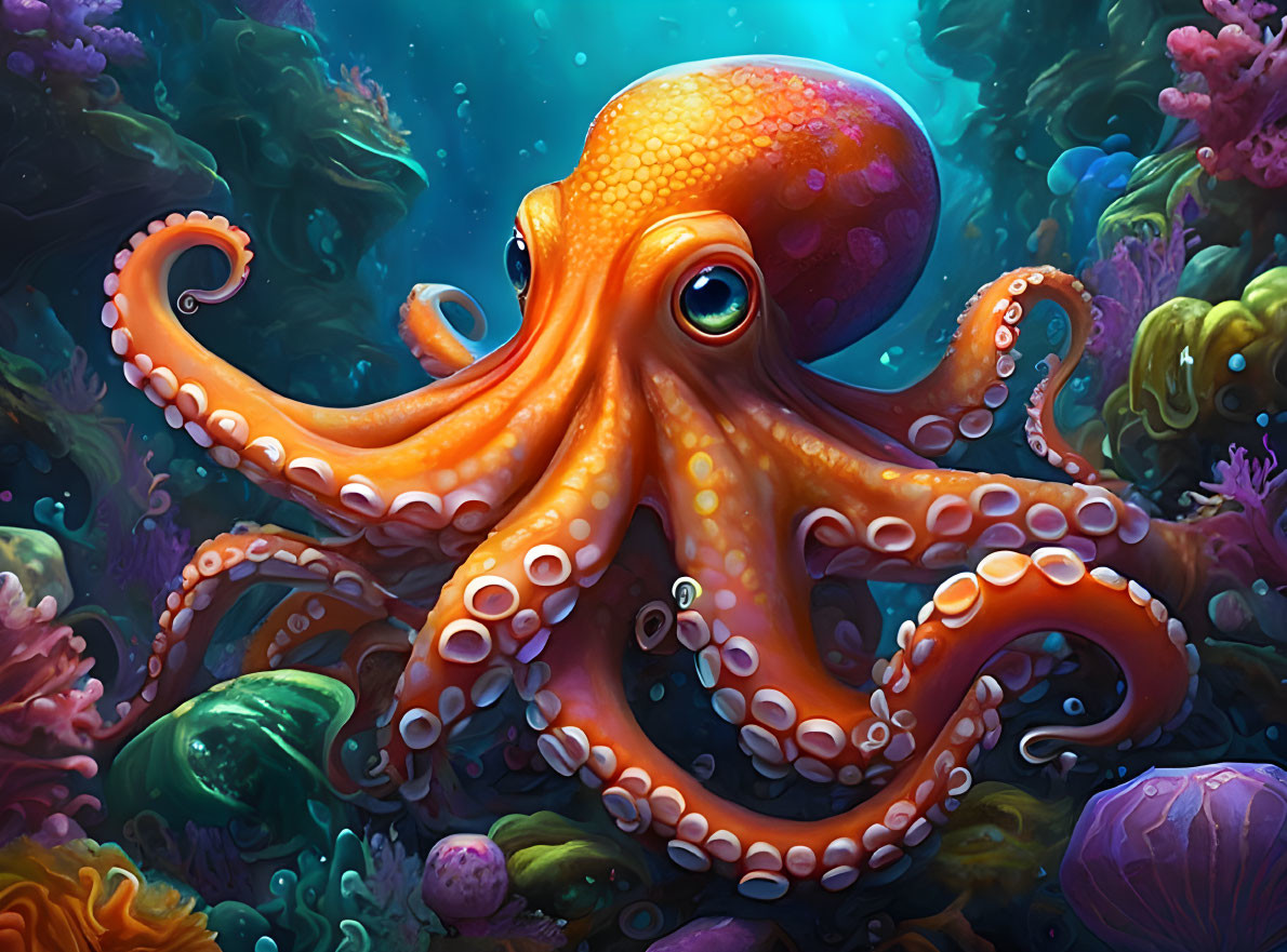 Colorful Underwater Scene with Vibrant Orange Octopus