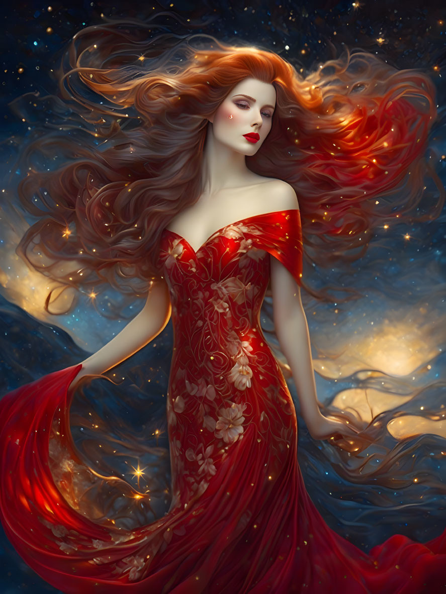 Red-haired woman in elaborate dress against starry backdrop