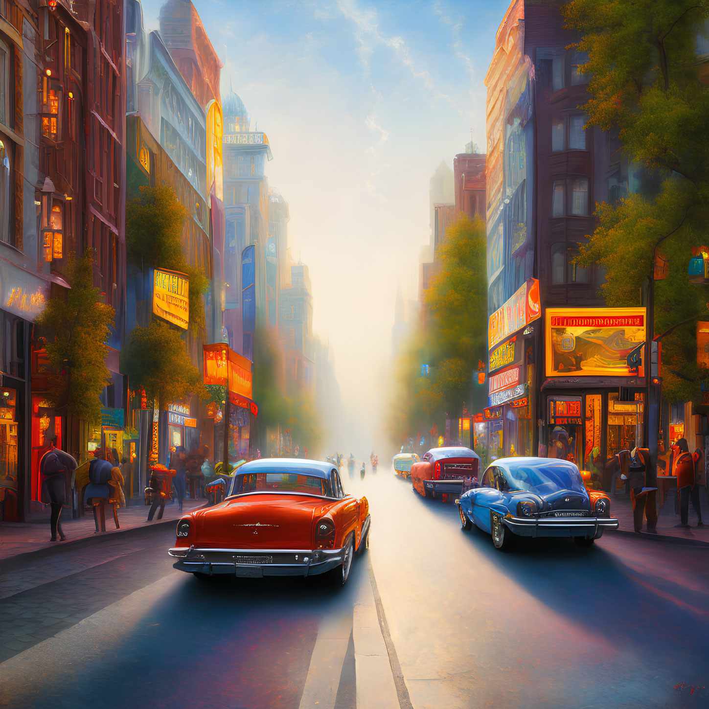 Retro cars and pedestrians in vibrant street scene at sunset