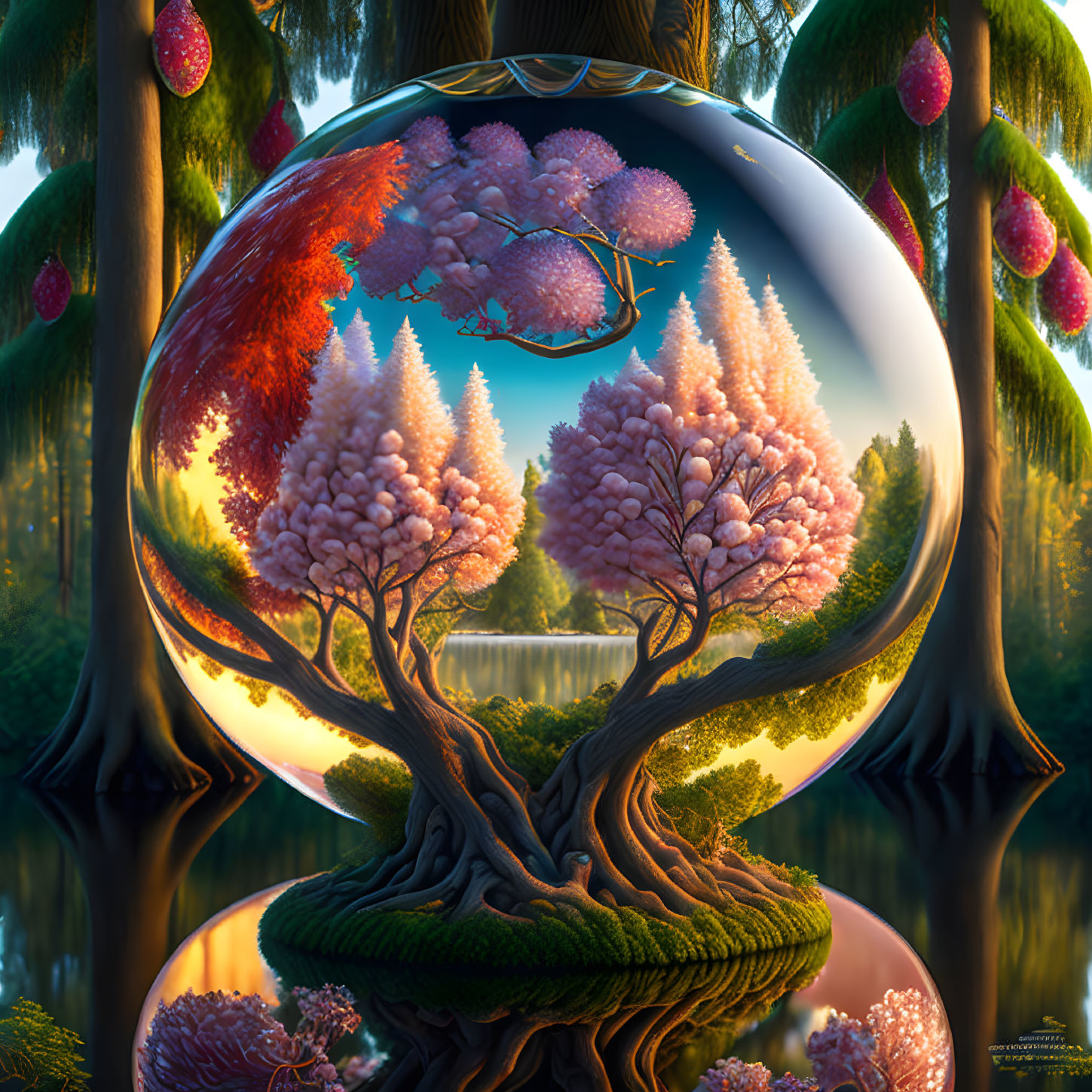 Surreal artwork: Crystal ball reflects pink trees in enchanted forest