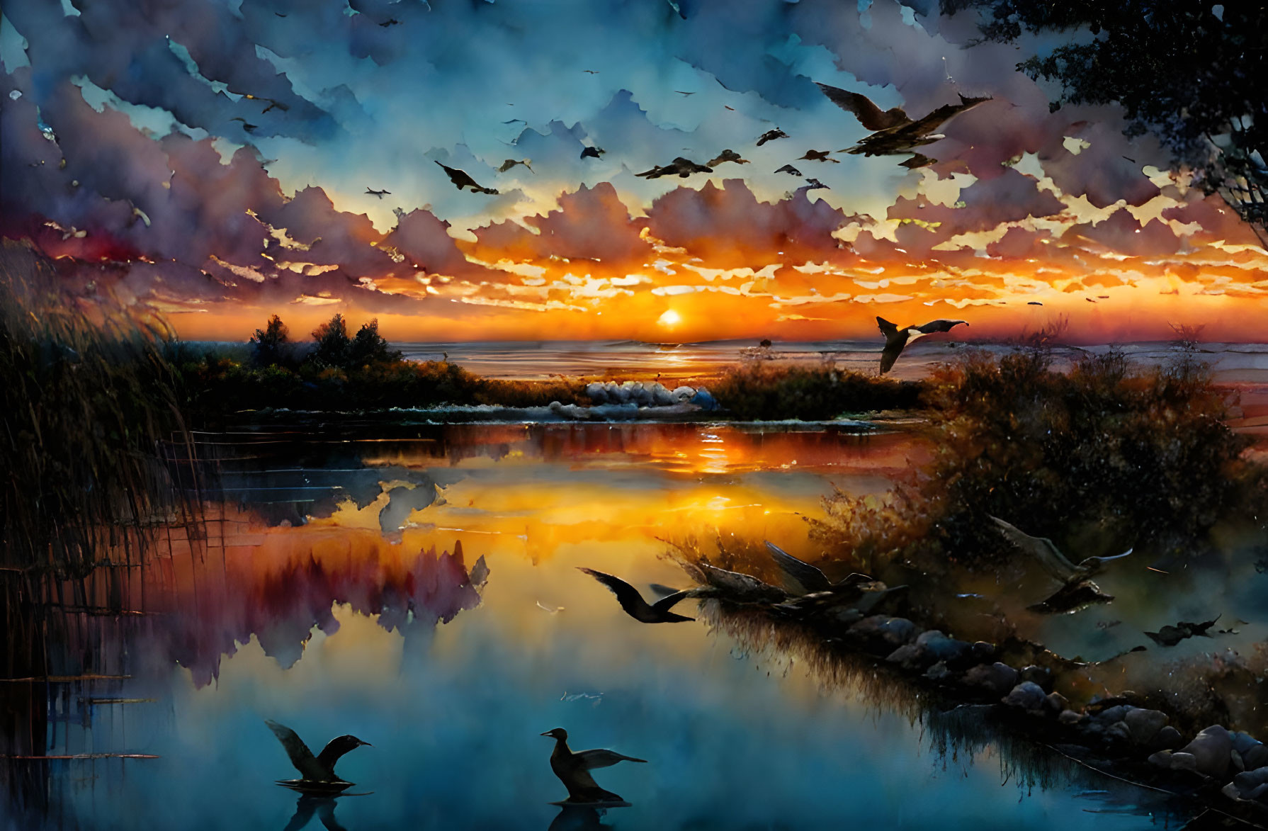 Tranquil sunset scene with birds over a colorful lake