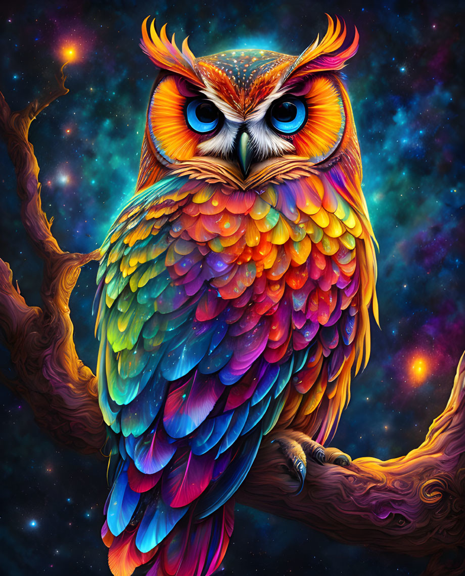 Colorful Stylized Owl Perched on Branch Under Starry Night Sky