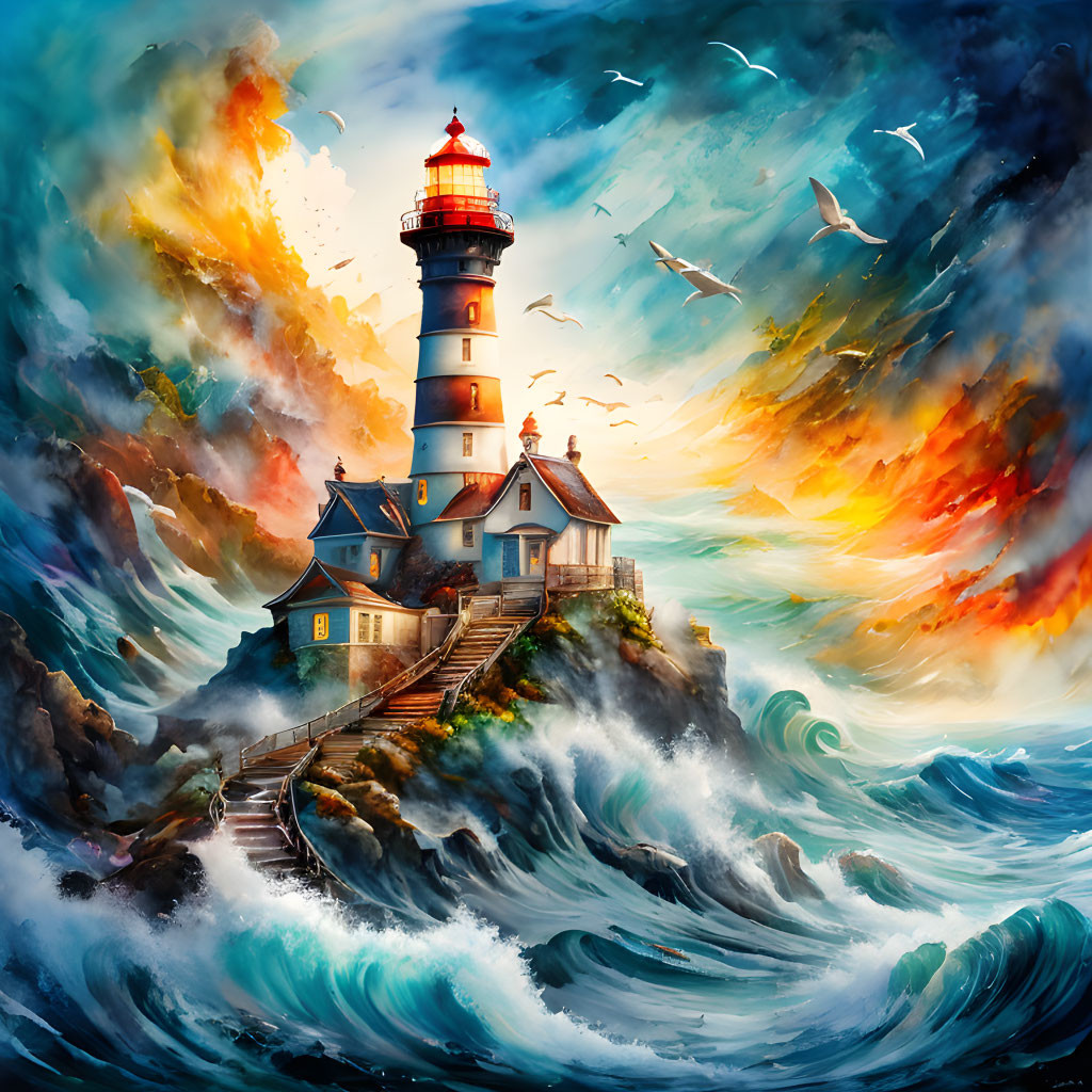 Lighthouse painting on craggy island with dramatic sky and waves