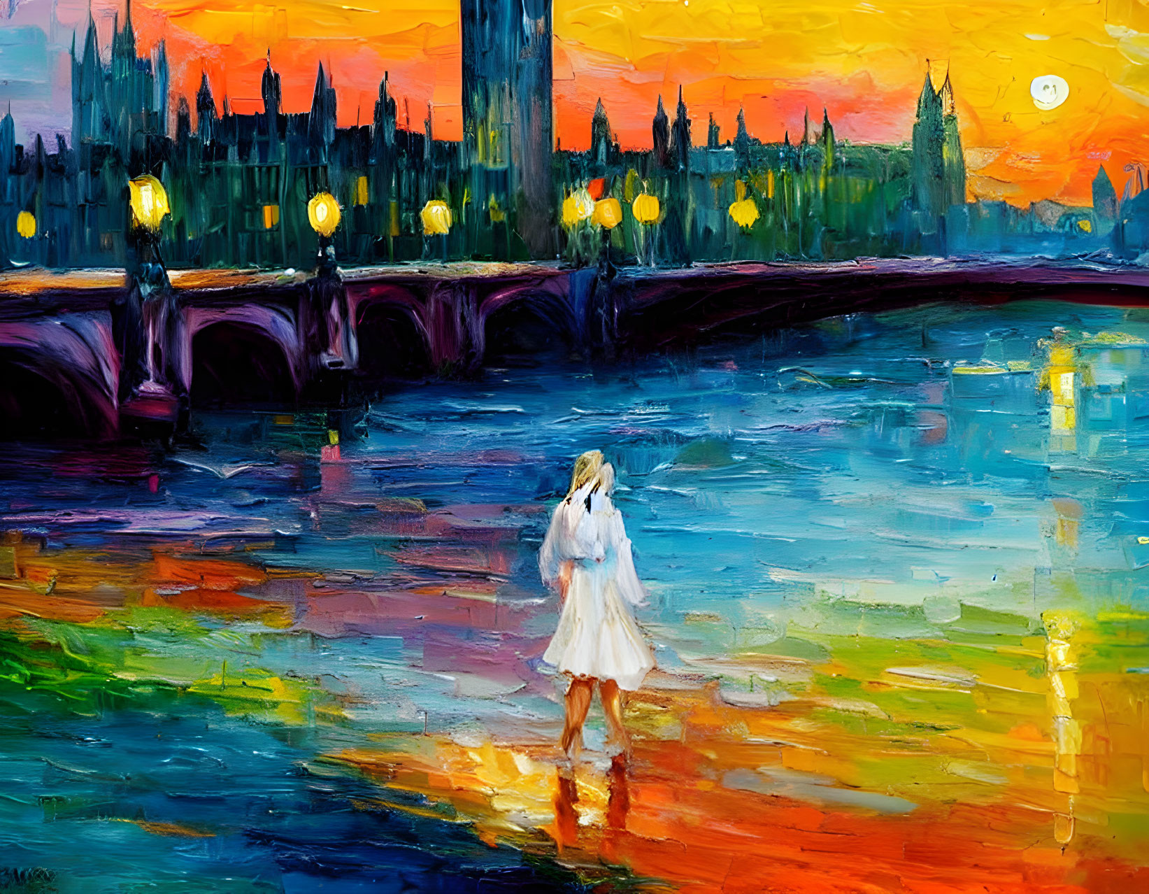 Vibrant expressionist painting of person near river at twilight