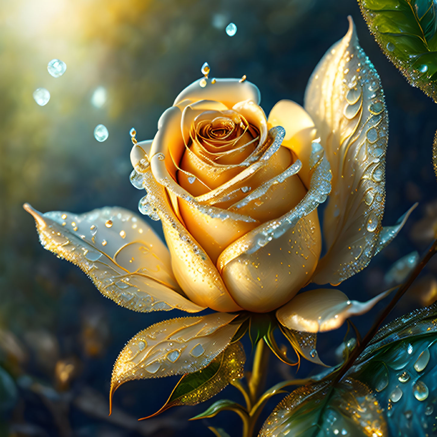 Bright Yellow Rose with Dewdrops in Soft Sunlight